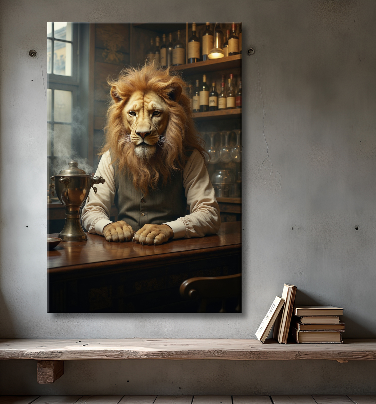 Tableau lion serveur vintage - Animal anthropomorphe chic dans un bar rétro avec decor