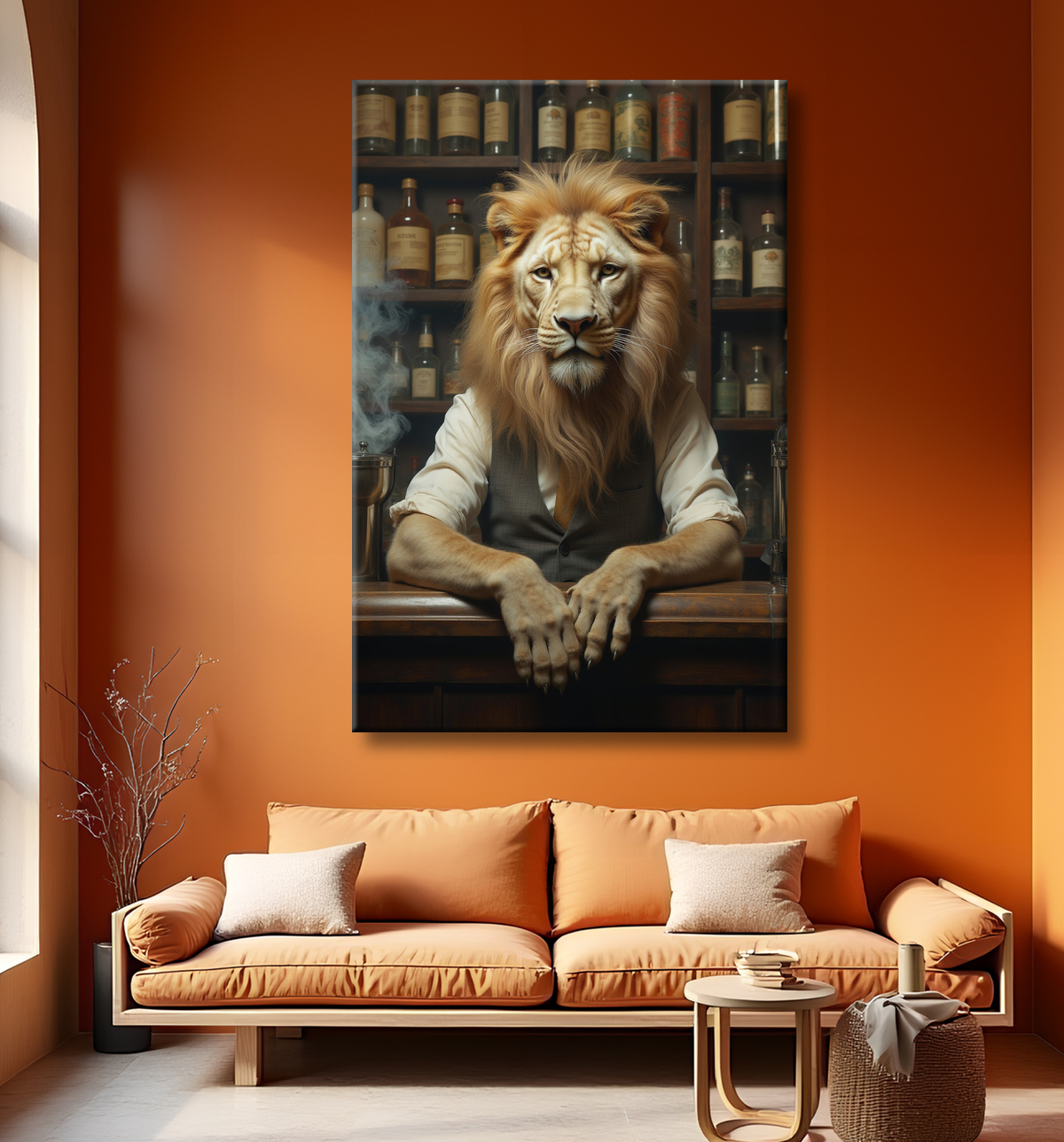 Tableau lion serveur vintage - Animal anthropomorphe chic dans un bar rétro avec decor