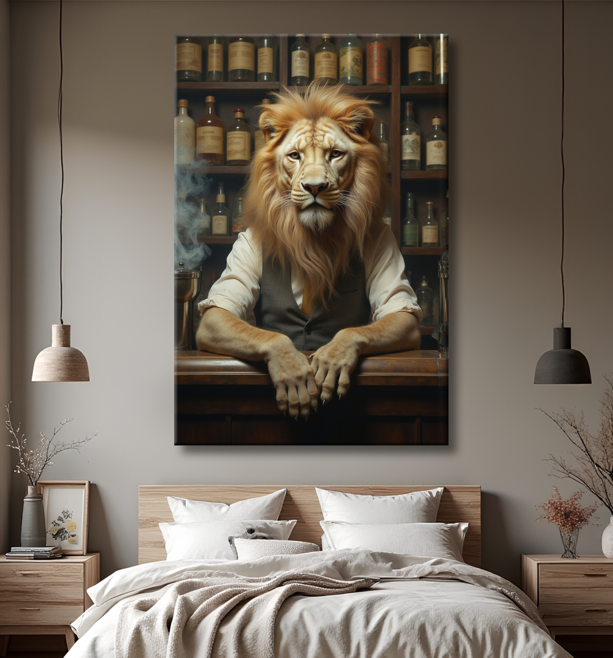 Tableau lion serveur vintage - Animal anthropomorphe chic dans un bar rétro avec decor