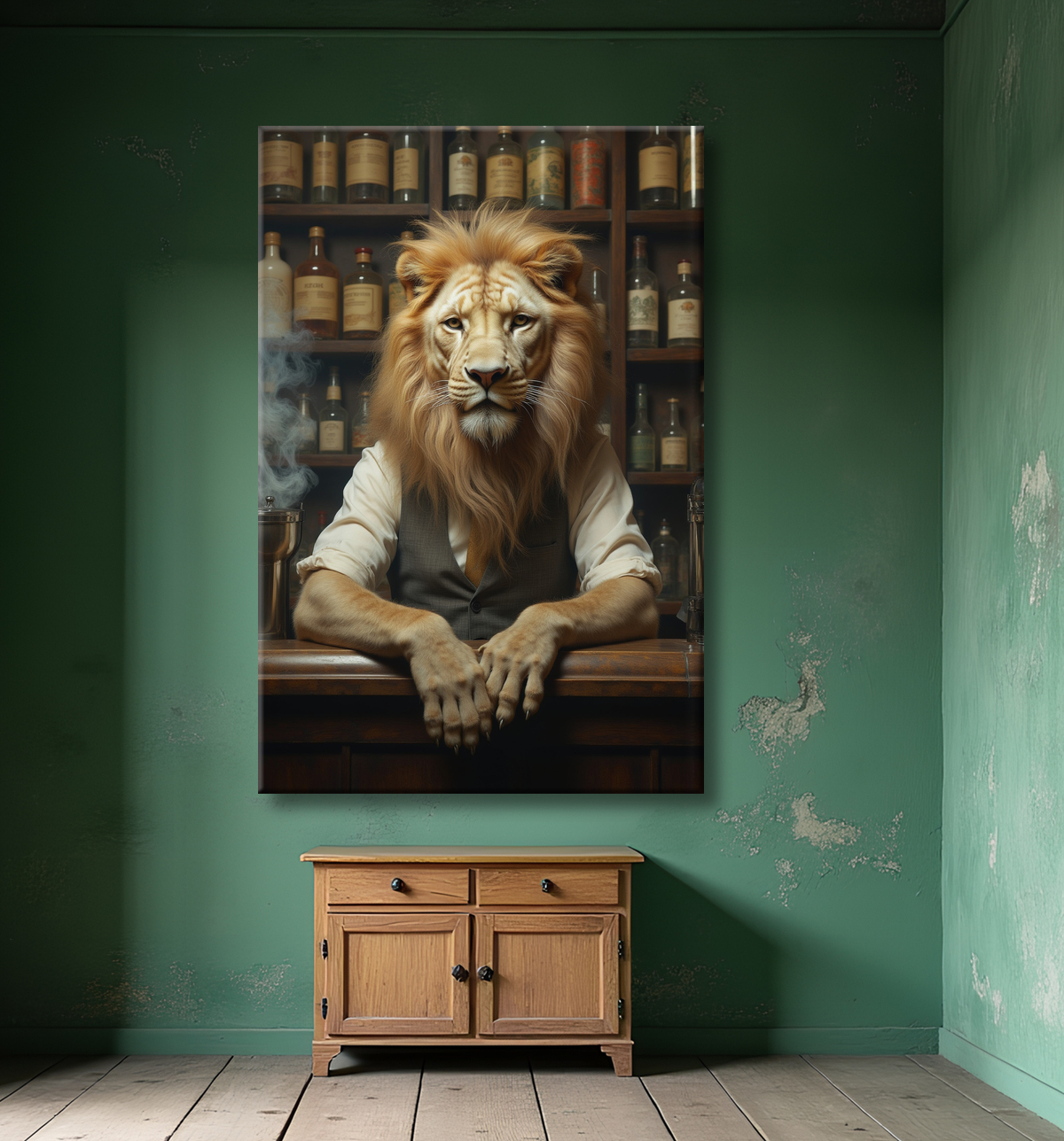 Tableau lion serveur vintage - Animal anthropomorphe chic dans un bar rétro avec decor