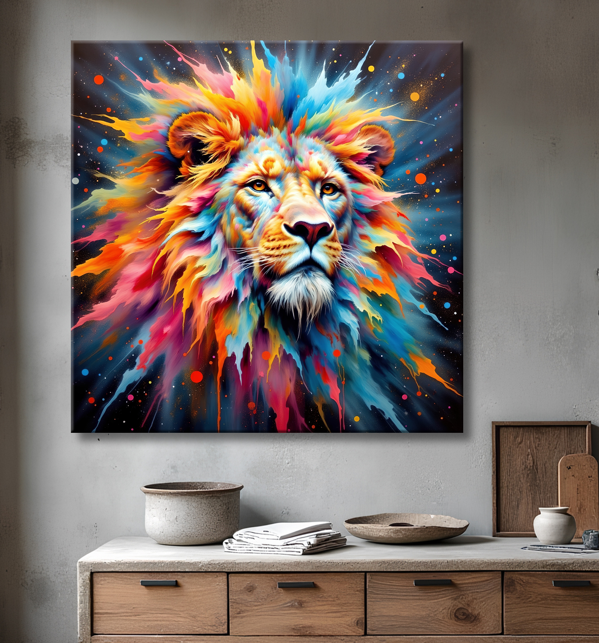 Tableau lion cosmique - Crinière colorée et atmosphère nébuleuse avec decor