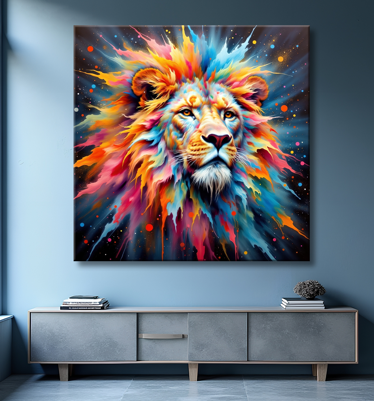 Tableau lion cosmique - Crinière colorée et atmosphère nébuleuse avec decor