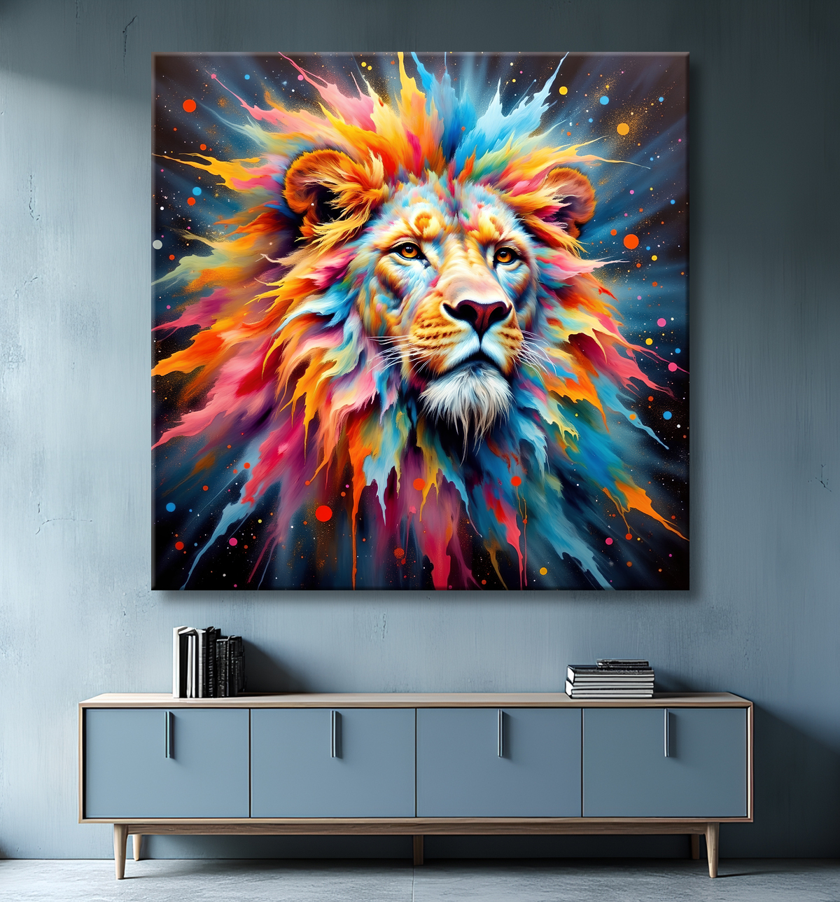 Tableau lion cosmique - Crinière colorée et atmosphère nébuleuse avec decor