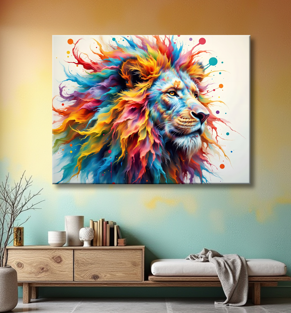 Tableau lion cosmique - Crinière colorée et atmosphère nébuleuse avec decor