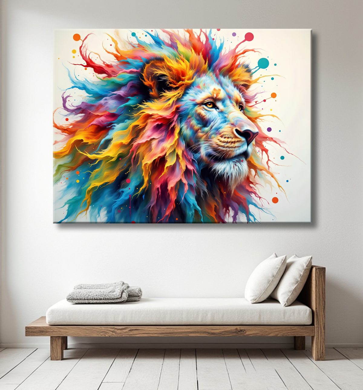Tableau lion cosmique - Crinière colorée et atmosphère nébuleuse avec decor