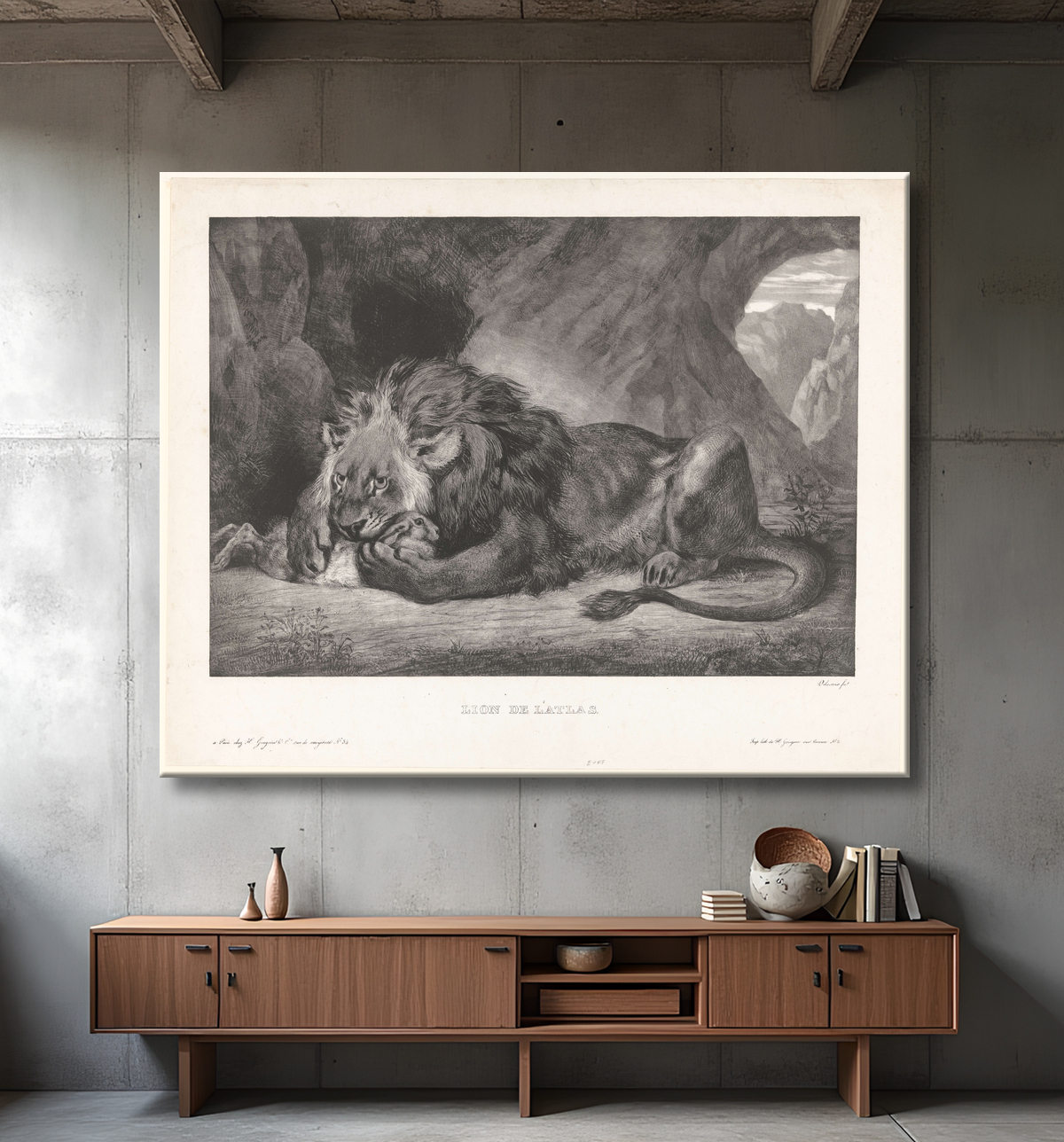 Reproduction Lion déjoue le lapin dans une grotte de Eugène Delacroix avec decor