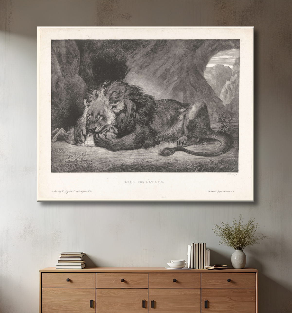 Reproduction Lion déjoue le lapin dans une grotte de Eugène Delacroix avec decor