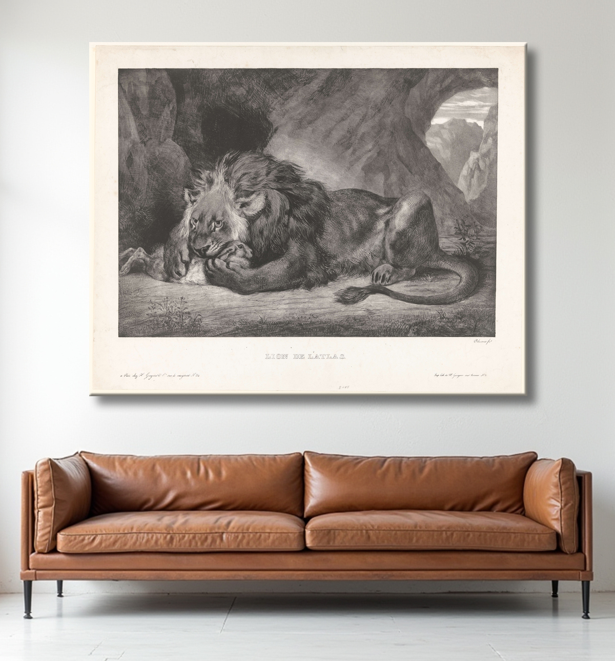 Reproduction Lion déjoue le lapin dans une grotte de Eugène Delacroix avec decor