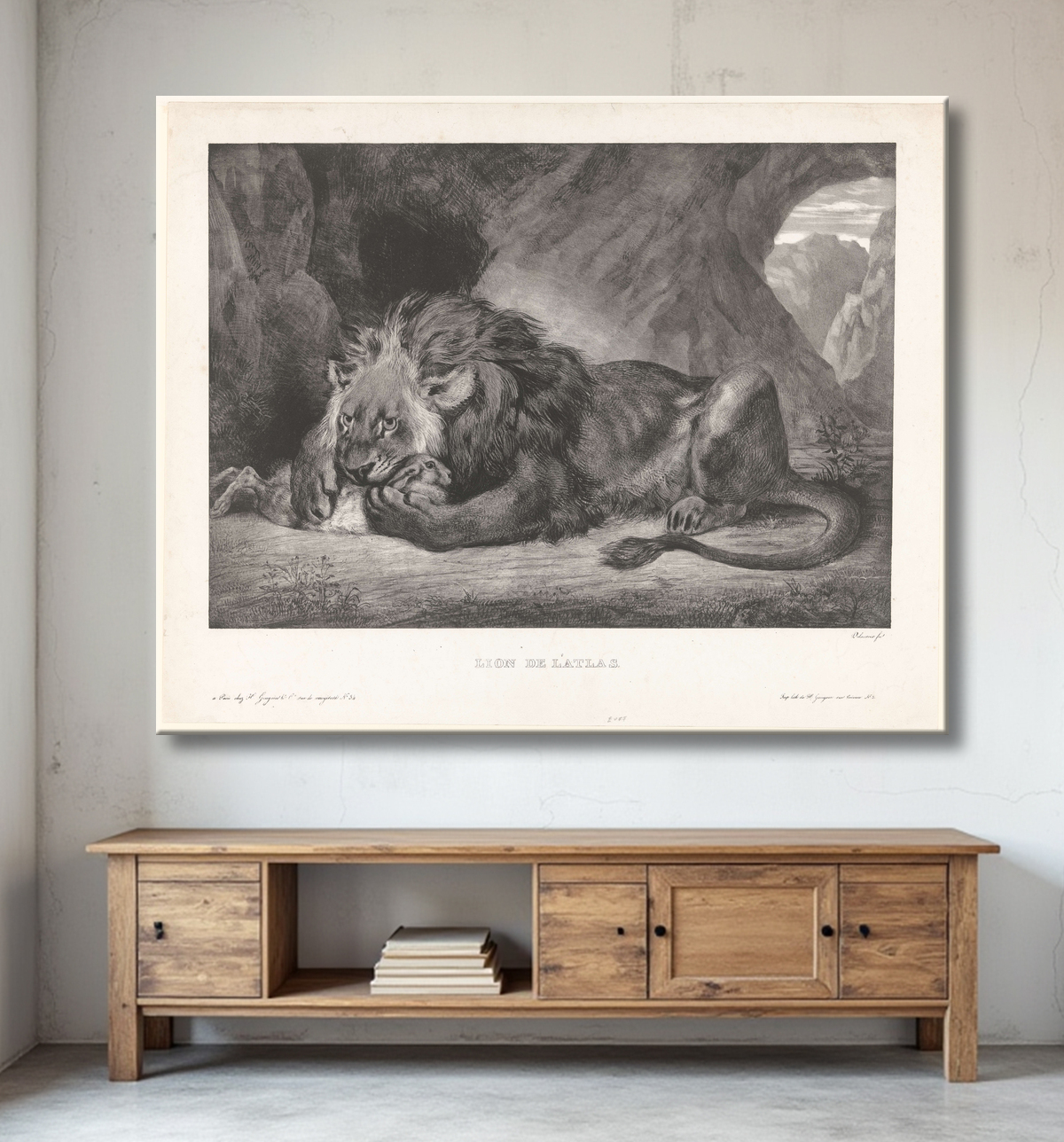 Reproduction Lion déjoue le lapin dans une grotte de Eugène Delacroix avec decor