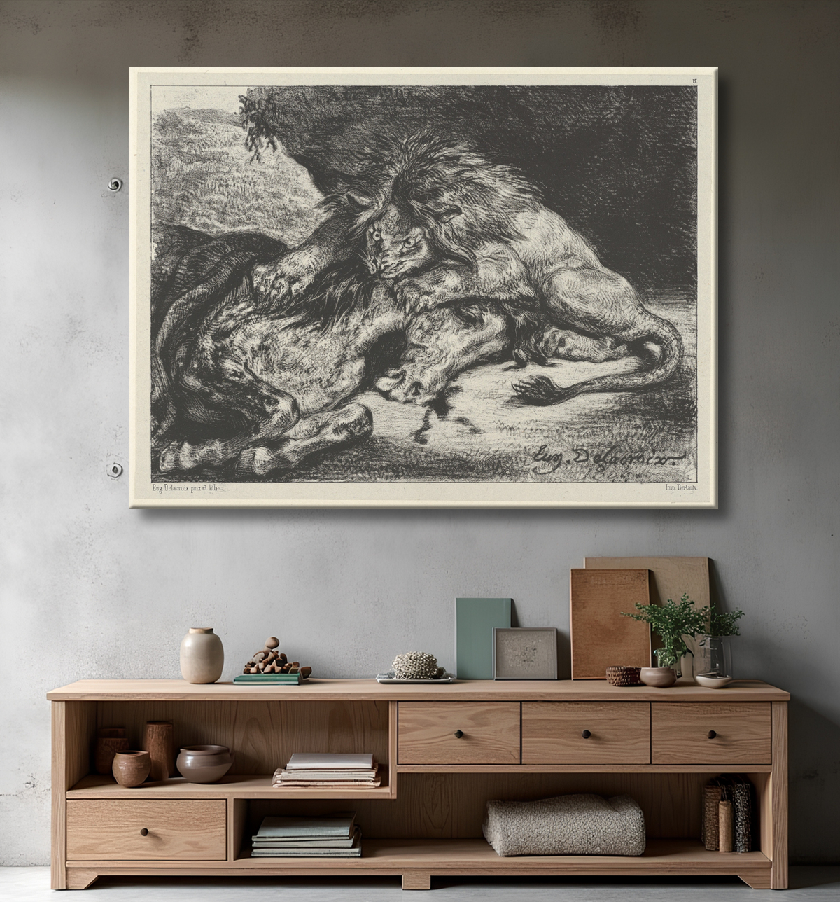 Reproduction Lion dévorant un cheval de Eugène Delacroix avec decor
