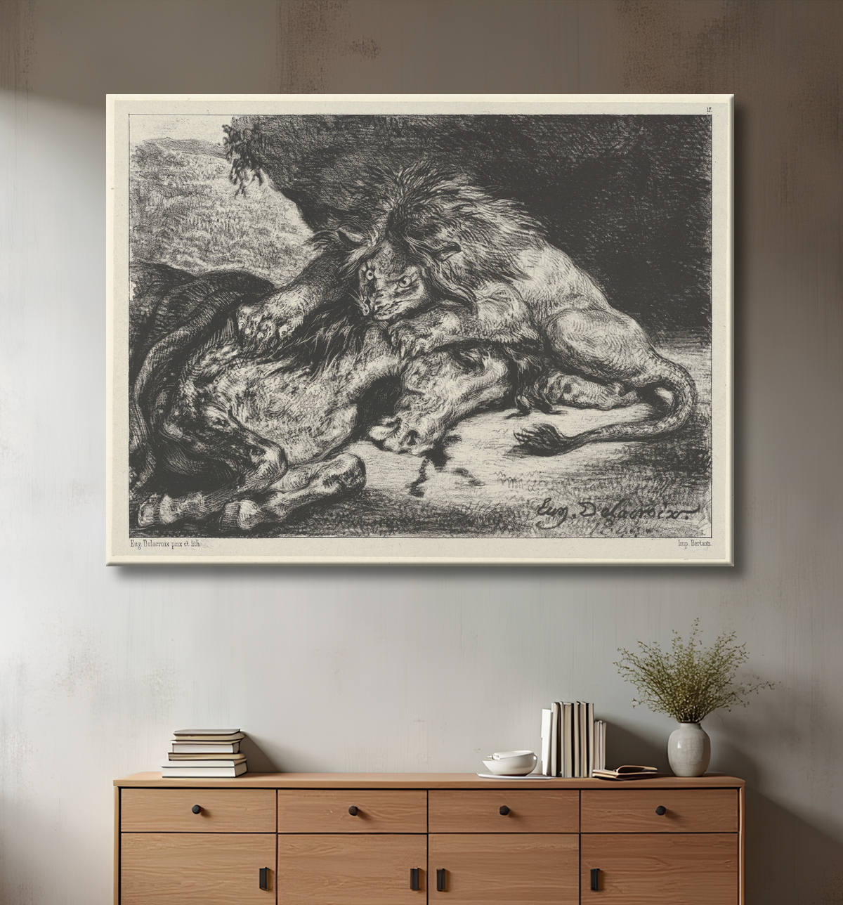 Reproduction Lion dévorant un cheval de Eugène Delacroix avec decor