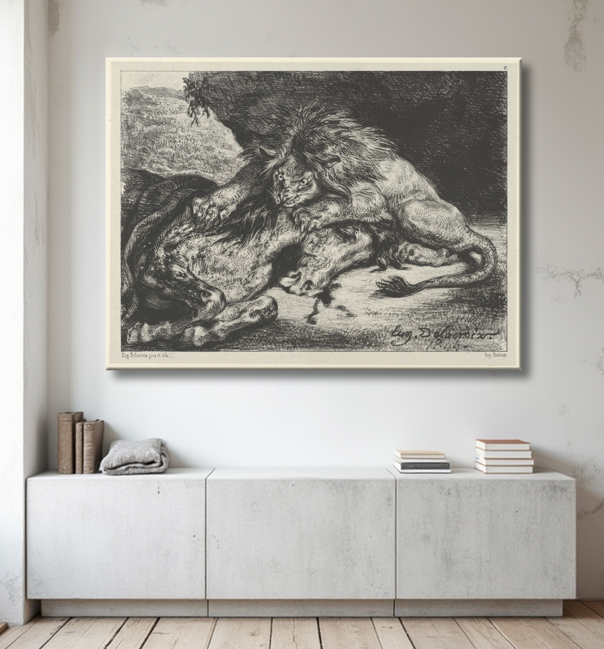 Reproduction Lion dévorant un cheval de Eugène Delacroix avec decor
