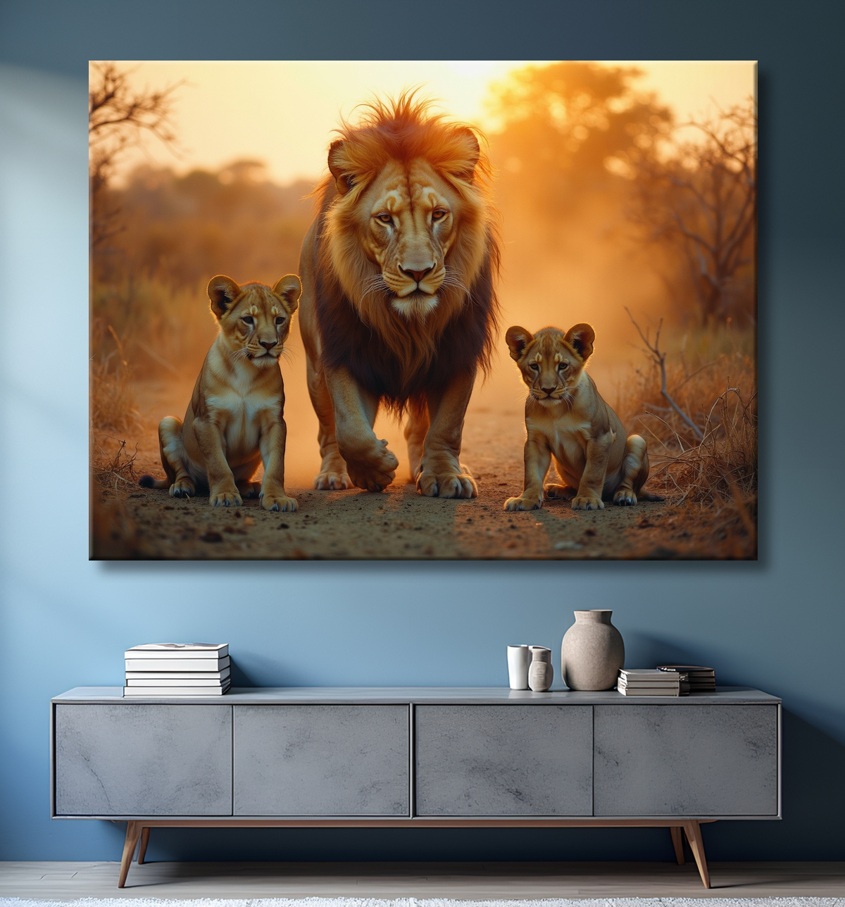 Tableau d'un lion et lionceaux dans la savane avec decor