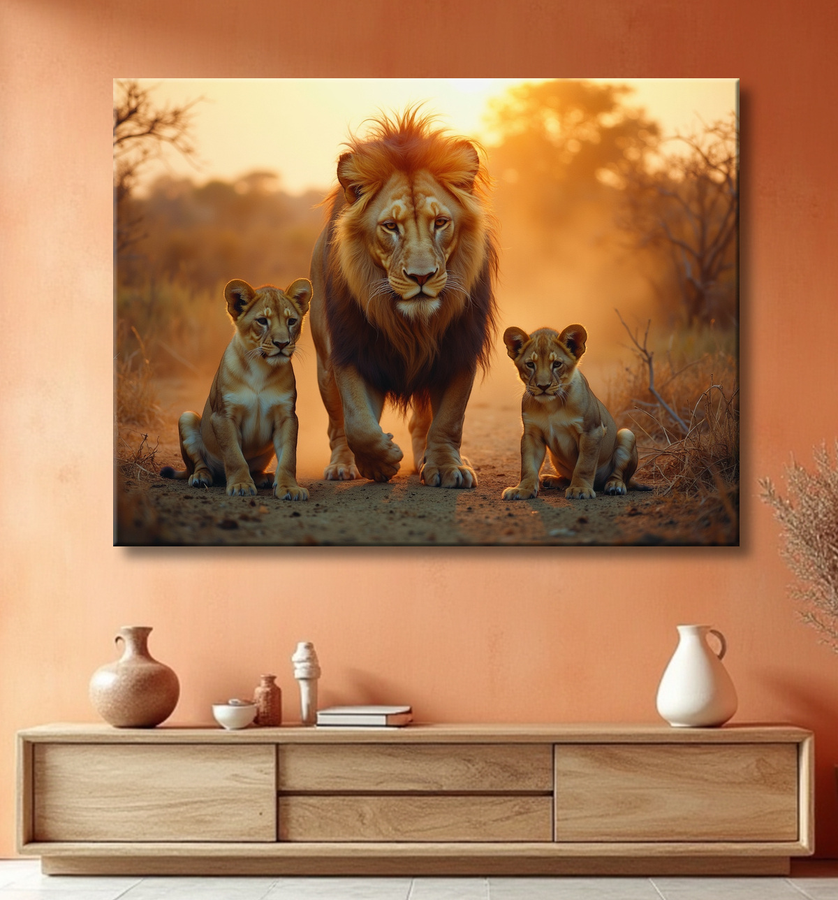 Tableau d'un lion et lionceaux dans la savane avec decor