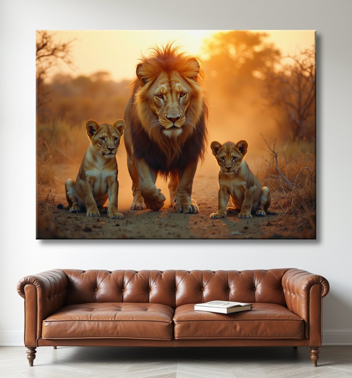 Tableau d'un lion et lionceaux dans la savane avec decor