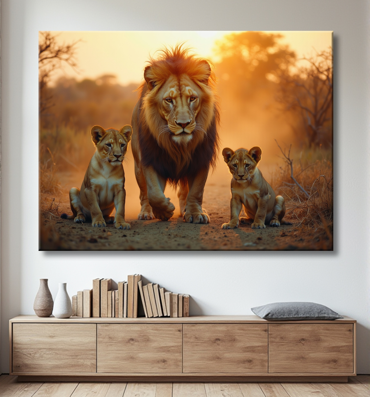Tableau d'un lion et lionceaux dans la savane avec decor