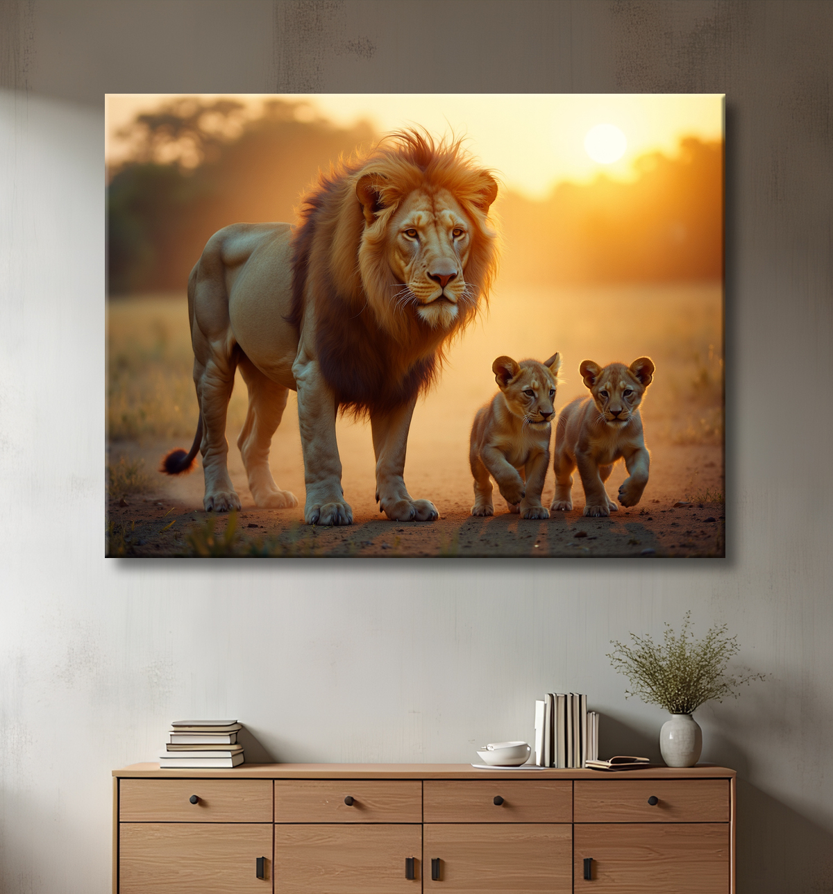 Tableau d'un lion et lionceaux dans la savane avec decor