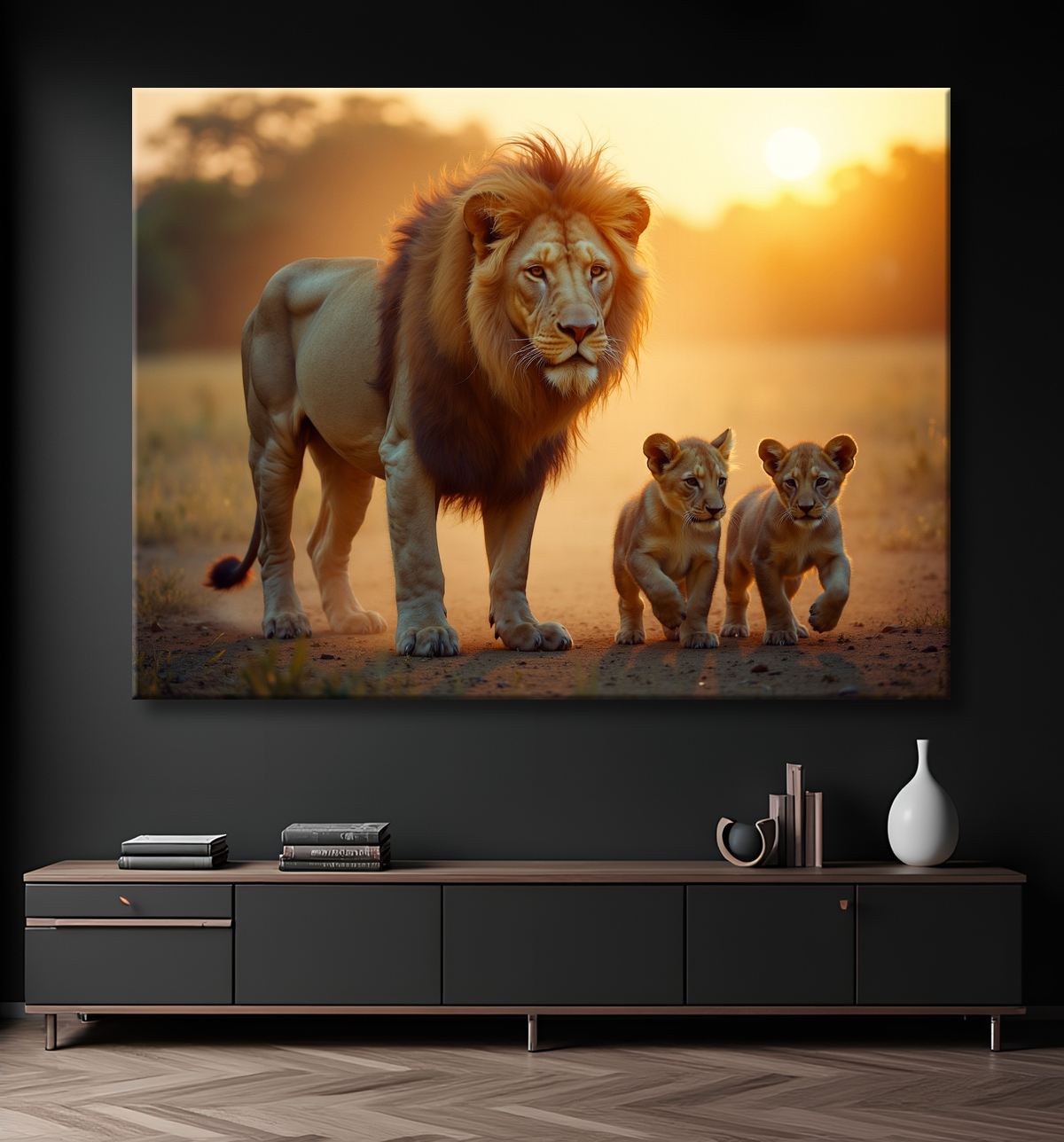 Tableau d'un lion et lionceaux dans la savane avec decor