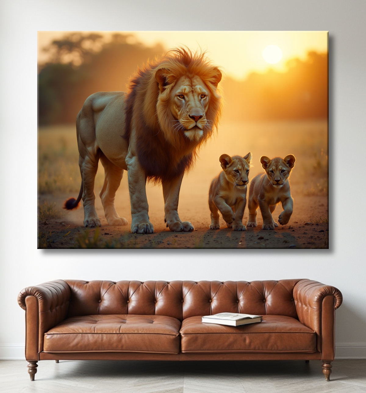 Tableau d'un lion et lionceaux dans la savane avec decor