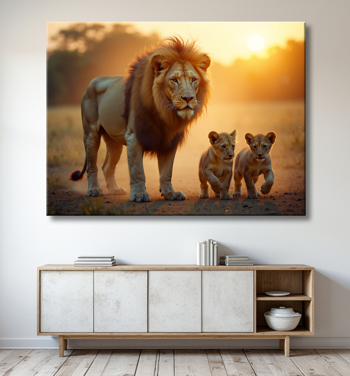 Tableau d'un lion et lionceaux dans la savane avec decor