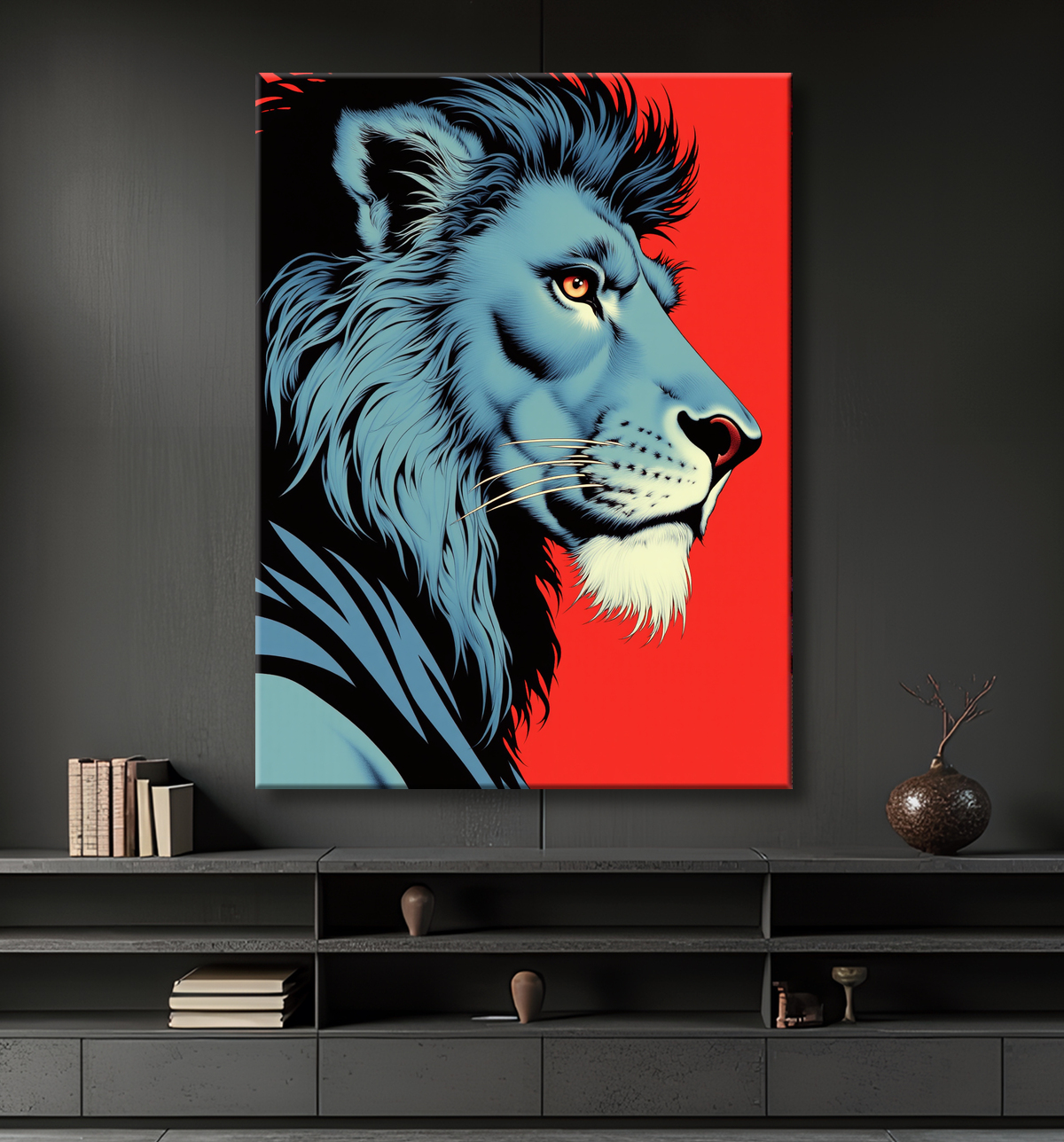 Lion façon BD, dessin bleu sur fond rouge avec decor