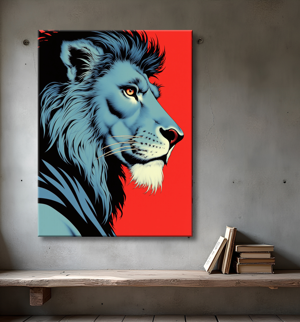 Lion façon BD, dessin bleu sur fond rouge avec decor