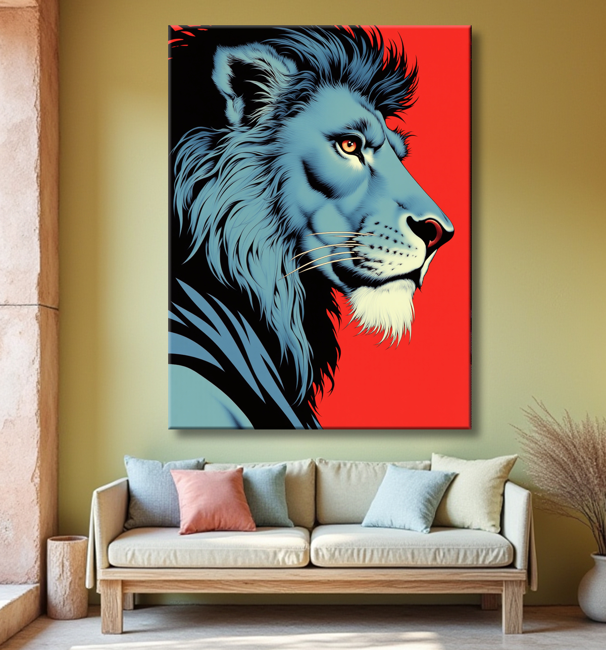 Lion façon BD, dessin bleu sur fond rouge avec decor