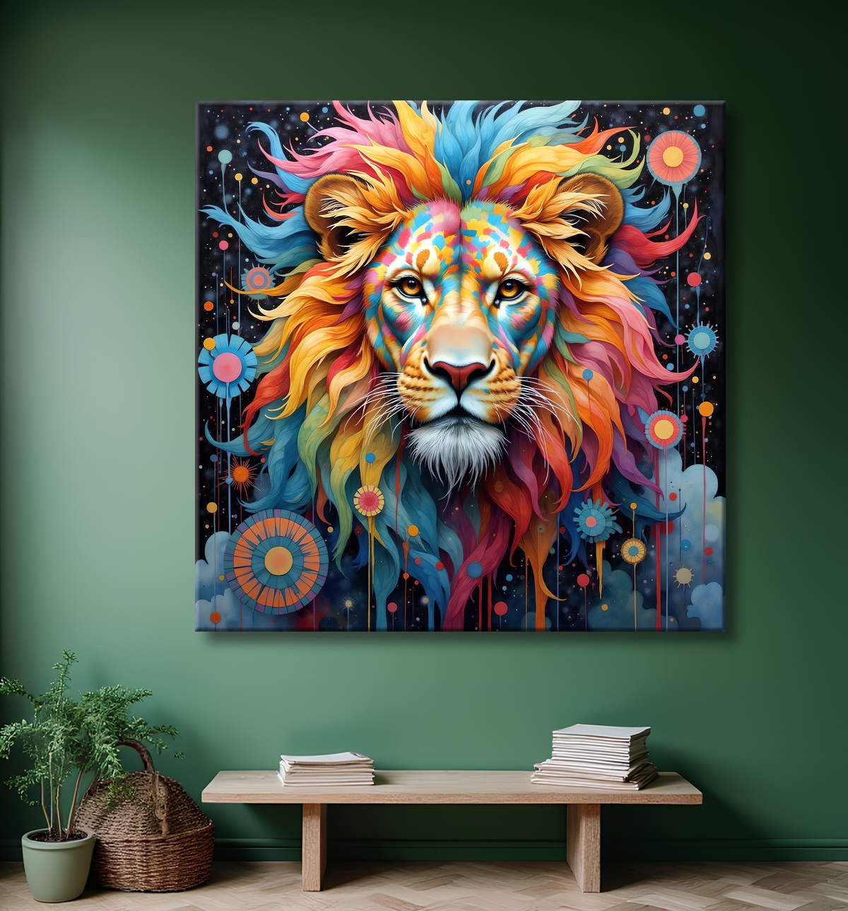 Tableau lion new age - Portrait coloré et esthétique psychédélique avec decor