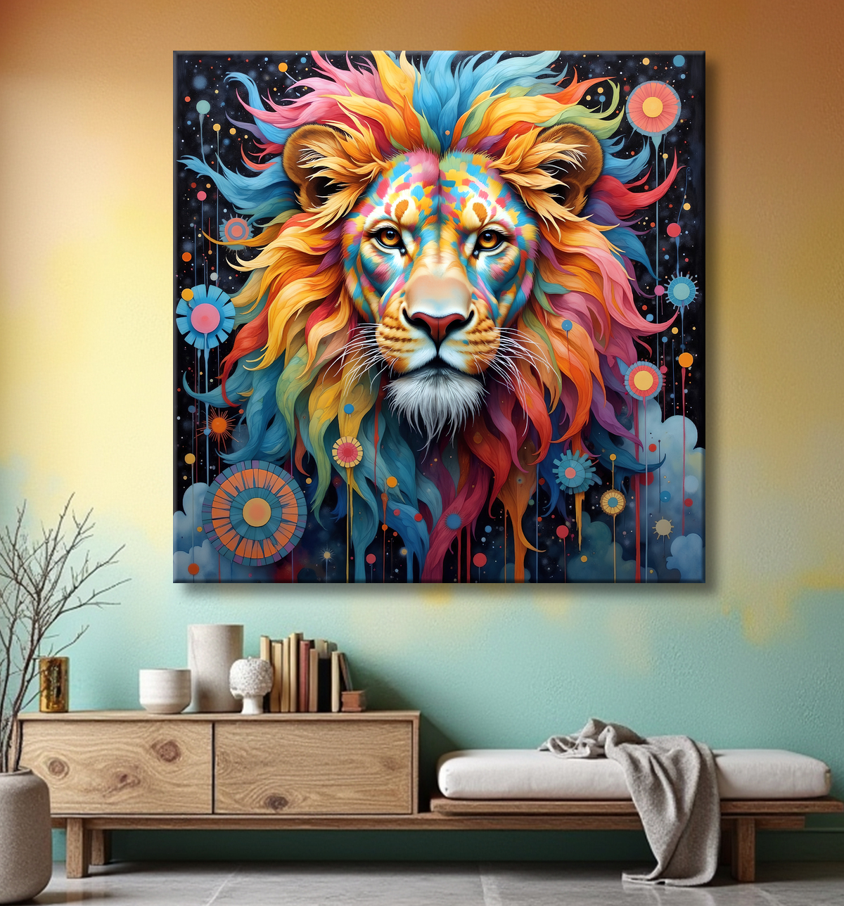 Tableau lion new age - Portrait coloré et esthétique psychédélique avec decor