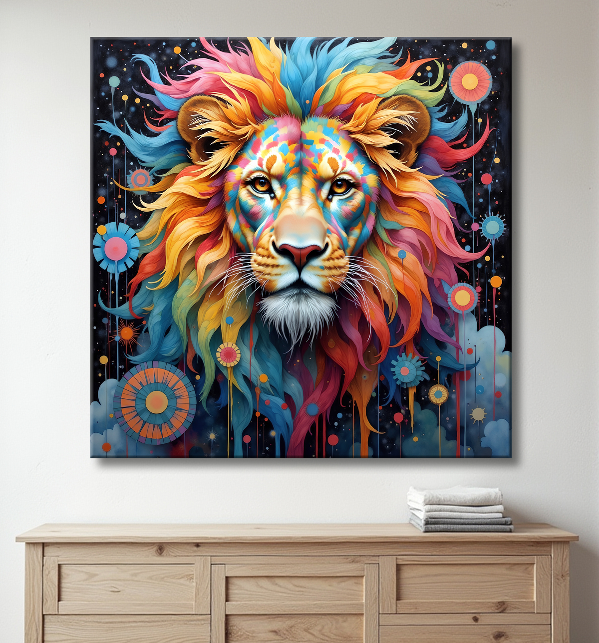 Tableau lion new age - Portrait coloré et esthétique psychédélique avec decor
