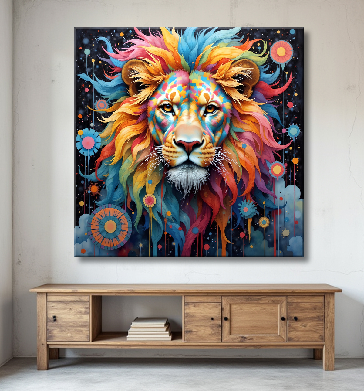 Tableau lion new age - Portrait coloré et esthétique psychédélique avec decor