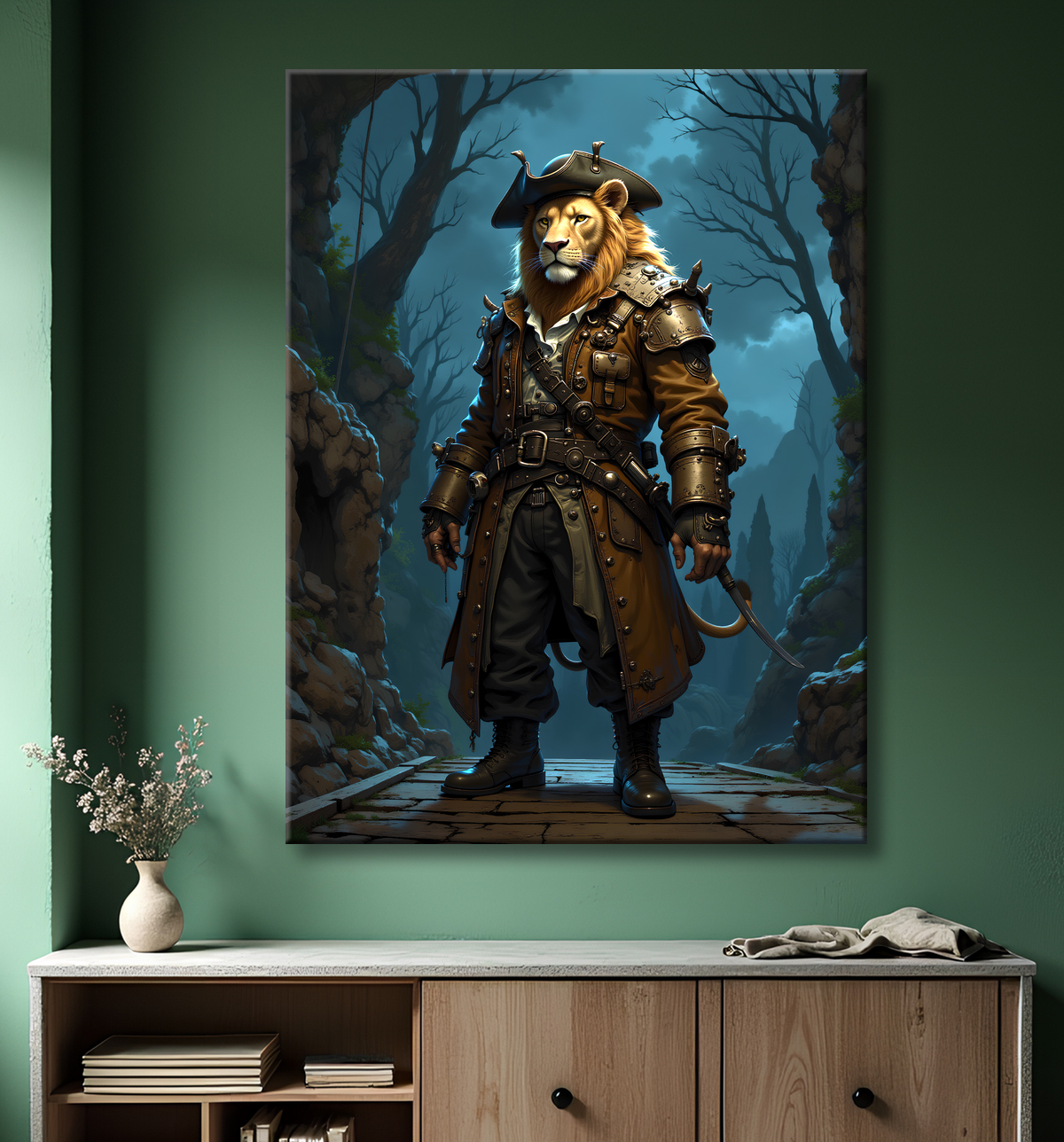 Tableau lion pirate - Portrait d'animal en costume marin stylisé avec decor