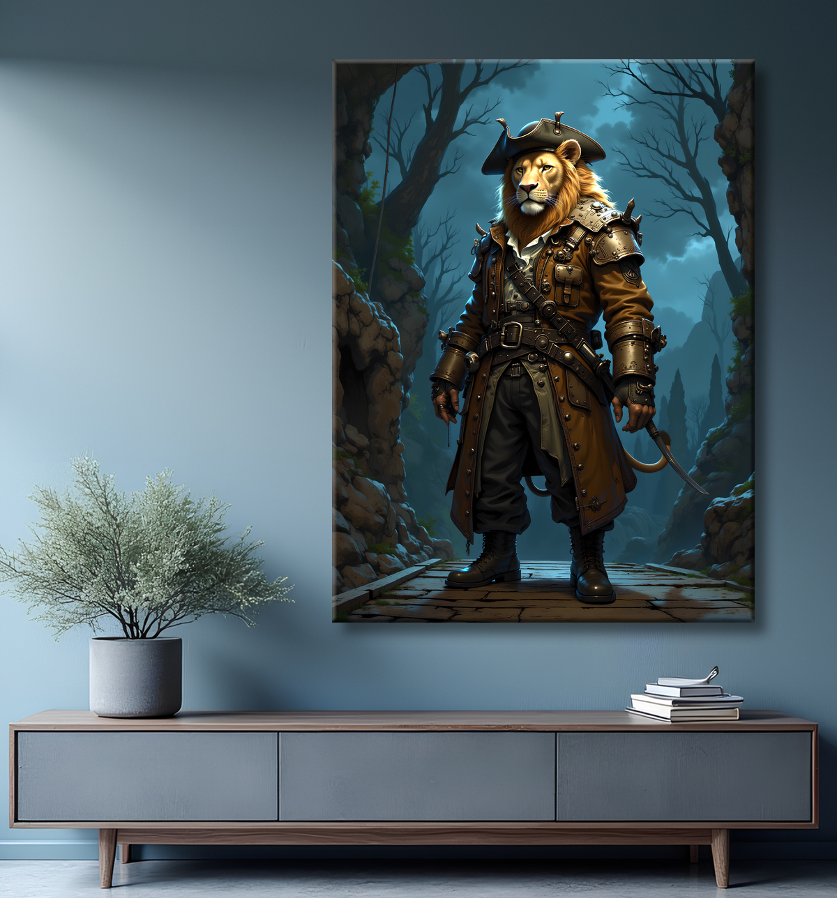 Tableau lion pirate - Portrait d'animal en costume marin stylisé avec decor