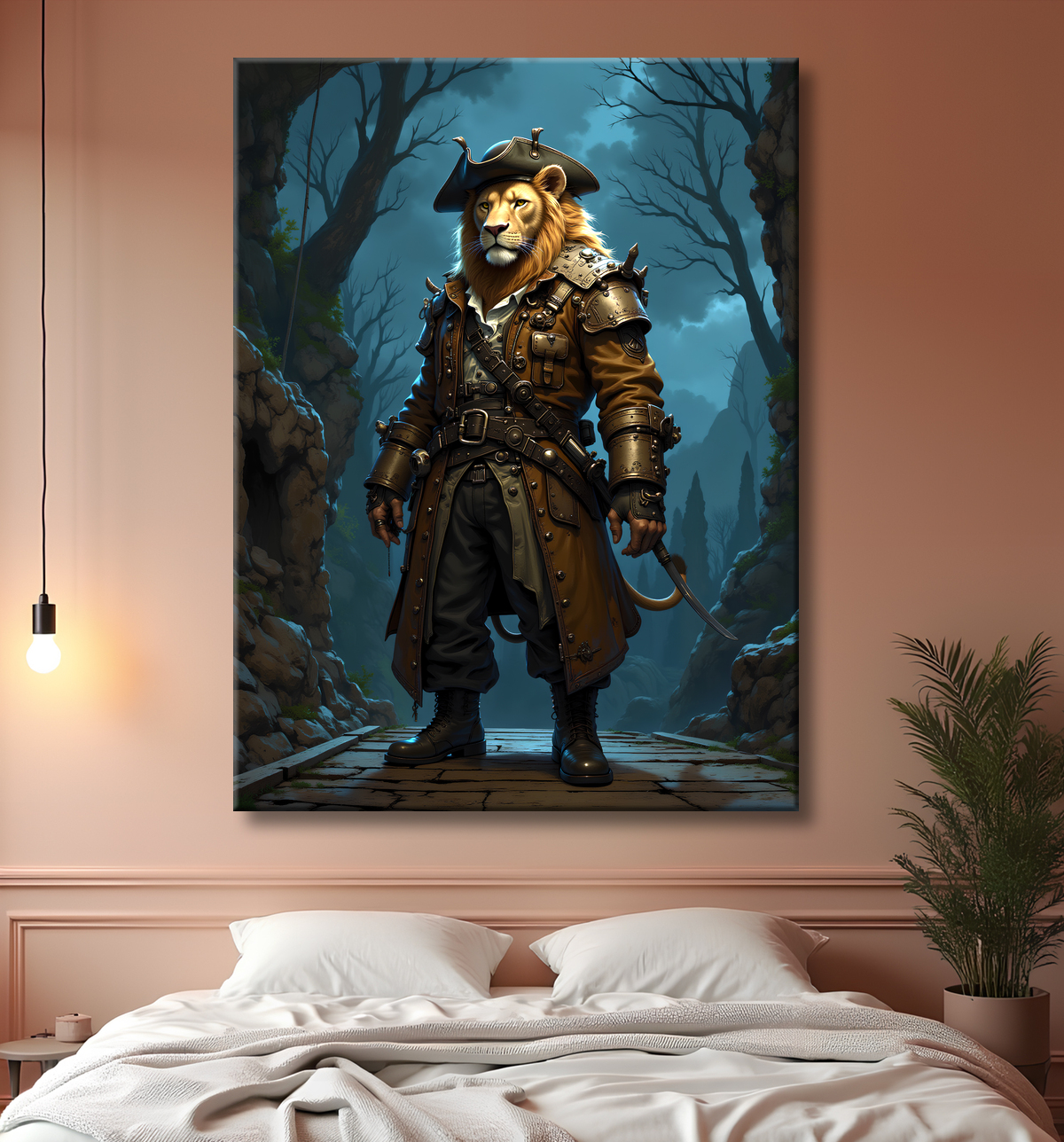 Tableau lion pirate - Portrait d'animal en costume marin stylisé avec decor
