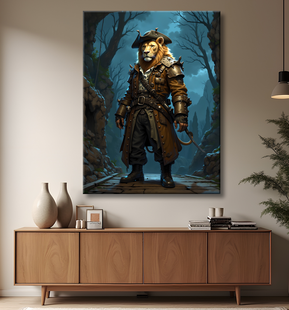 Tableau lion pirate - Portrait d'animal en costume marin stylisé avec decor