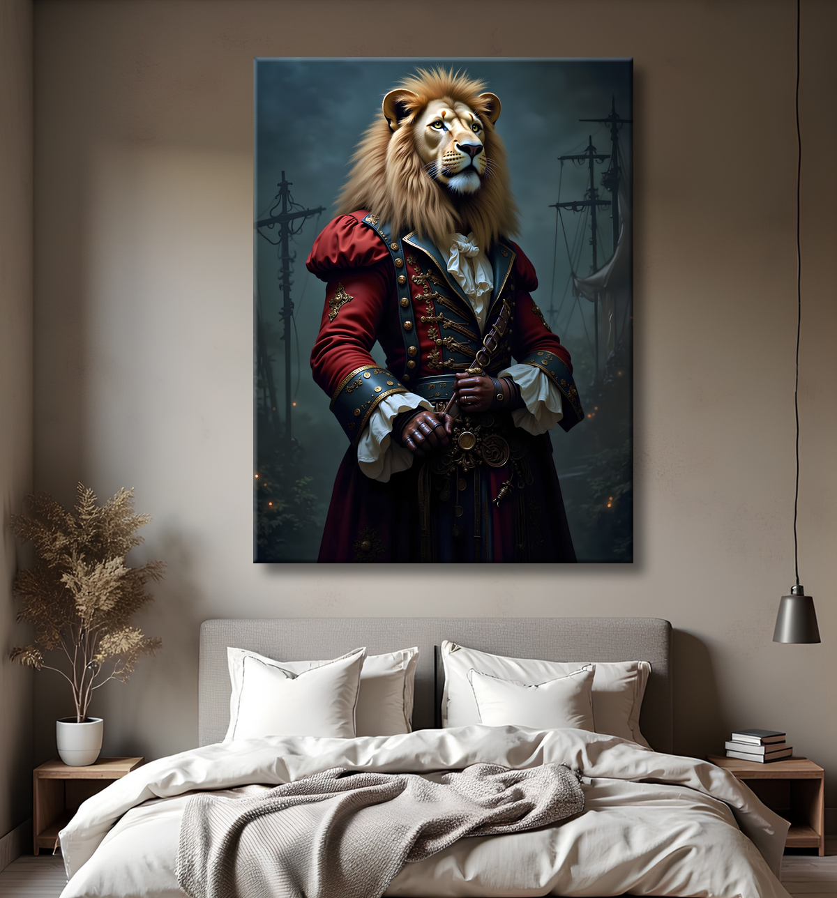 Tableau lion pirate - Portrait d'animal en costume marin stylisé avec decor