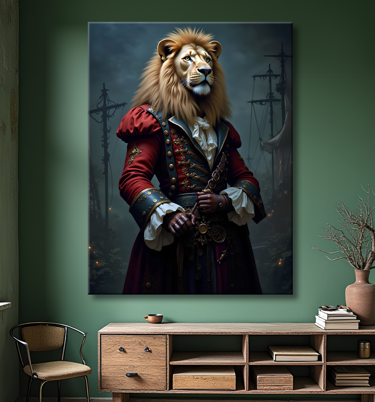 Tableau lion pirate - Portrait d'animal en costume marin stylisé avec decor