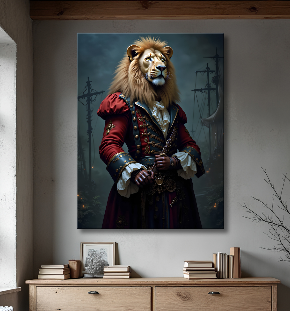 Tableau lion pirate - Portrait d'animal en costume marin stylisé avec decor