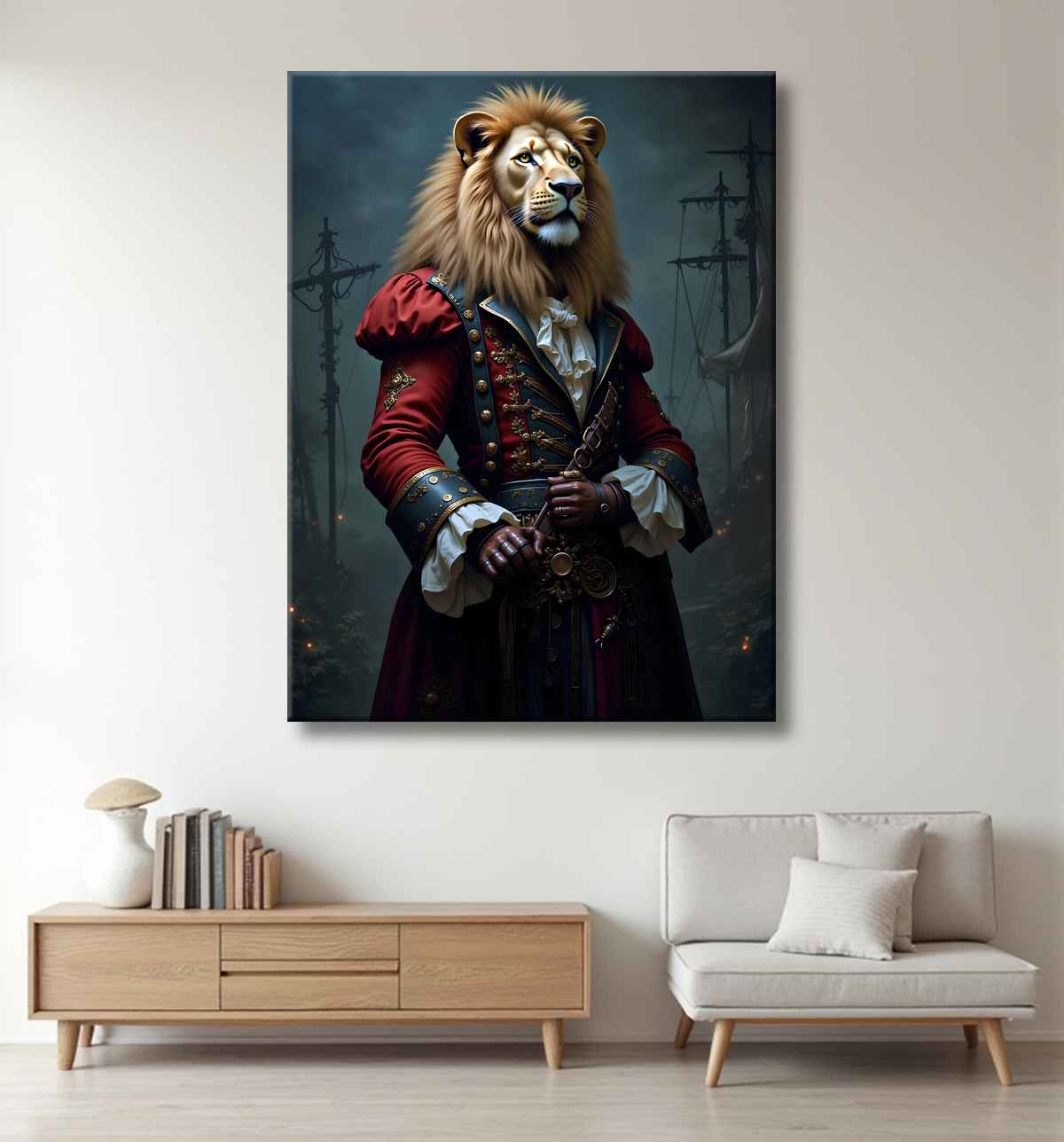 Tableau lion pirate - Portrait d'animal en costume marin stylisé avec decor