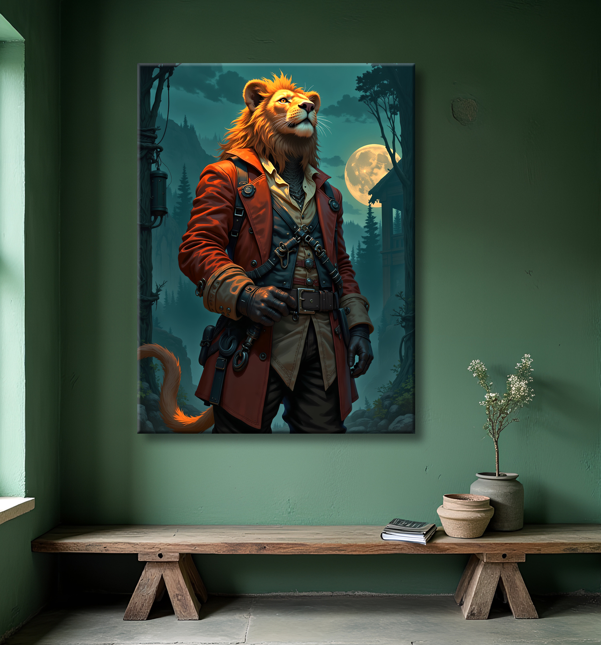 Tableau lion pirate - Portrait d'animal en costume marin stylisé avec decor