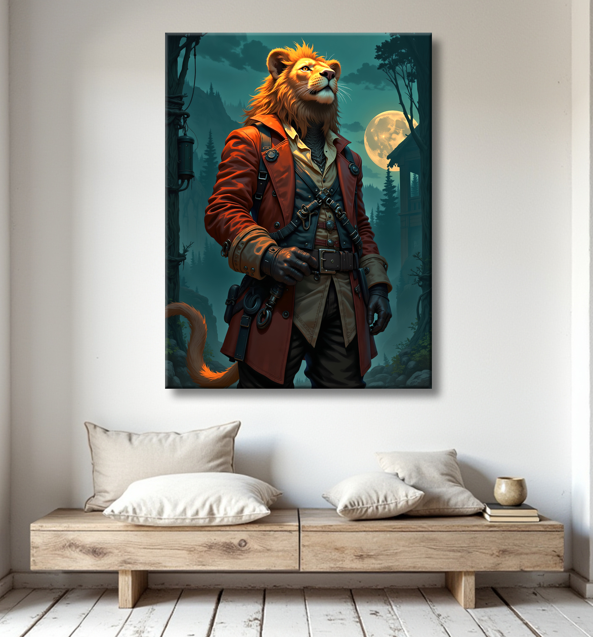 Tableau lion pirate - Portrait d'animal en costume marin stylisé avec decor