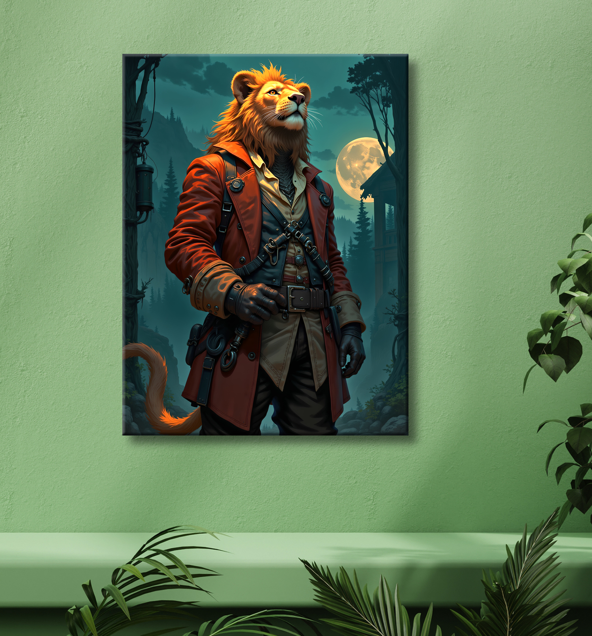 Tableau lion pirate - Portrait d'animal en costume marin stylisé avec decor