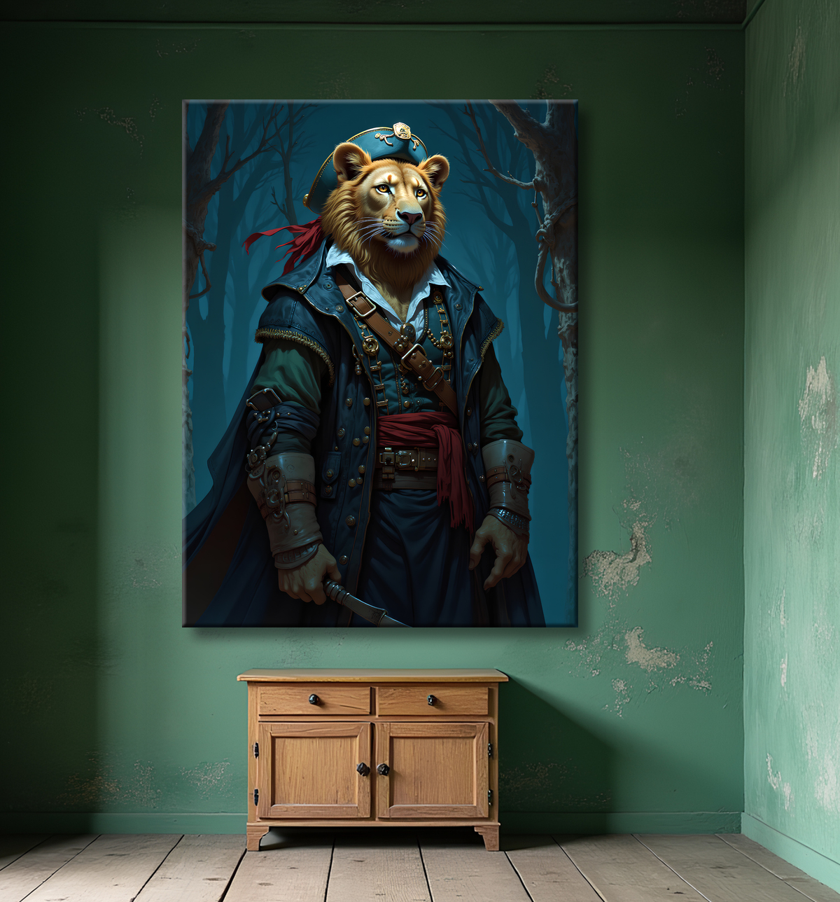 Tableau lion pirate - Portrait d'animal en costume marin stylisé avec decor
