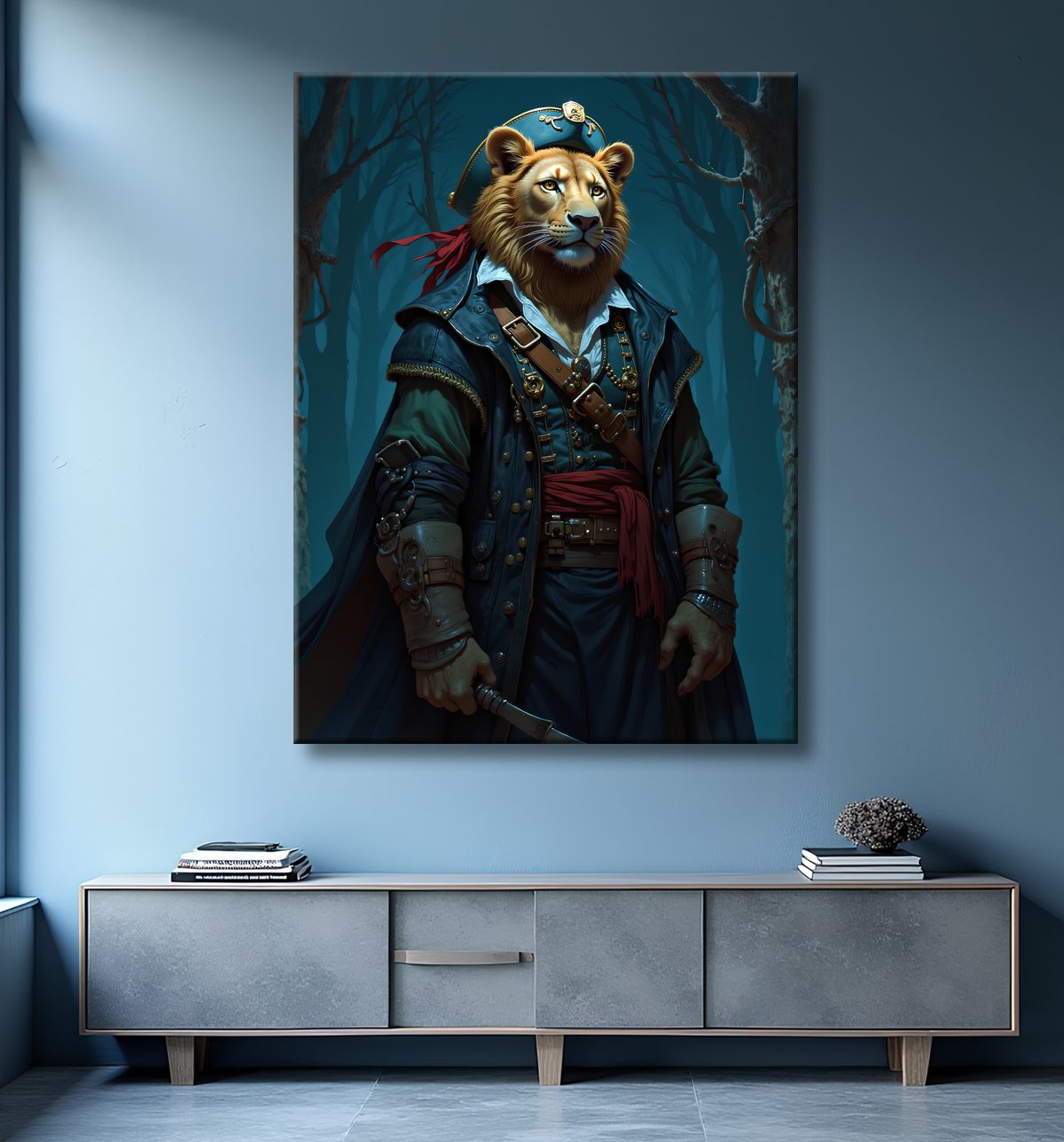 Tableau lion pirate - Portrait d'animal en costume marin stylisé avec decor
