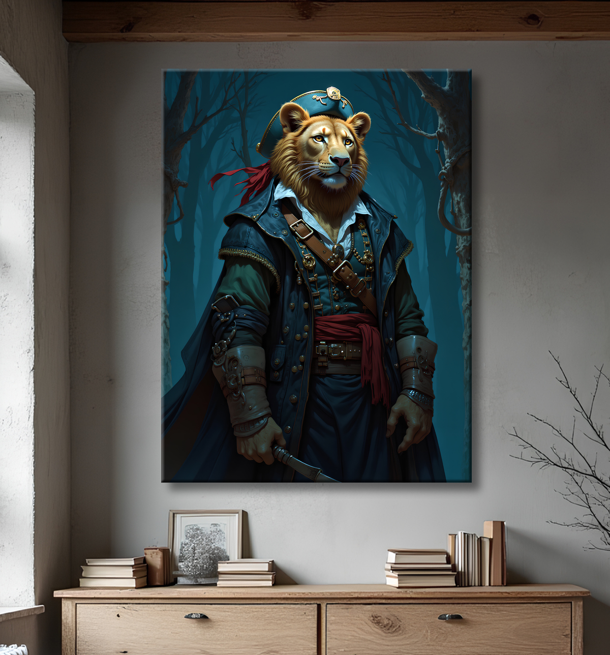 Tableau lion pirate - Portrait d'animal en costume marin stylisé avec decor