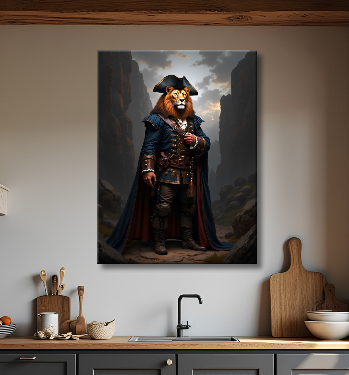 Tableau lion pirate - Portrait d'animal en costume marin stylisé avec decor