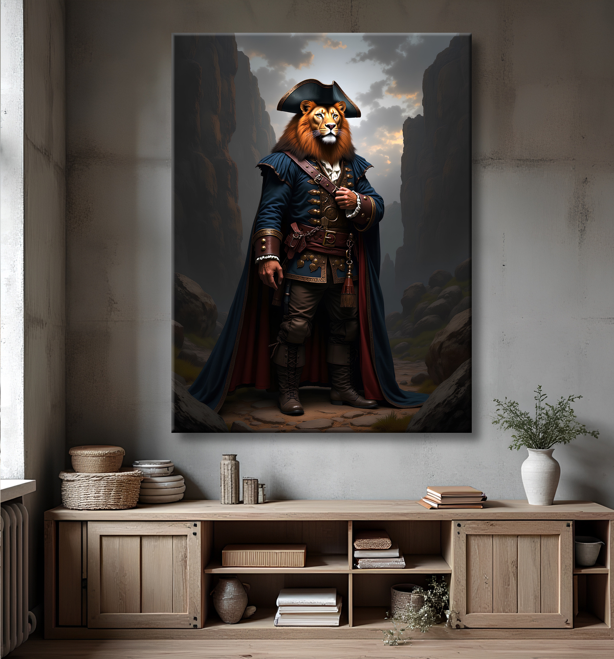 Tableau lion pirate - Portrait d'animal en costume marin stylisé avec decor