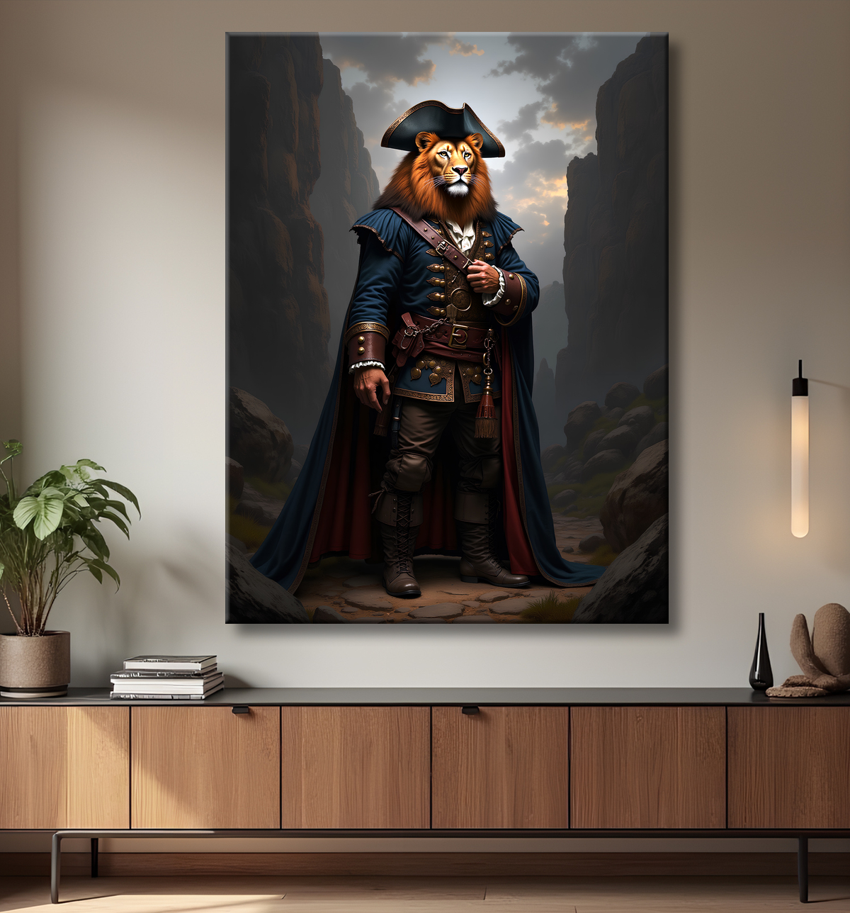 Tableau lion pirate - Portrait d'animal en costume marin stylisé avec decor
