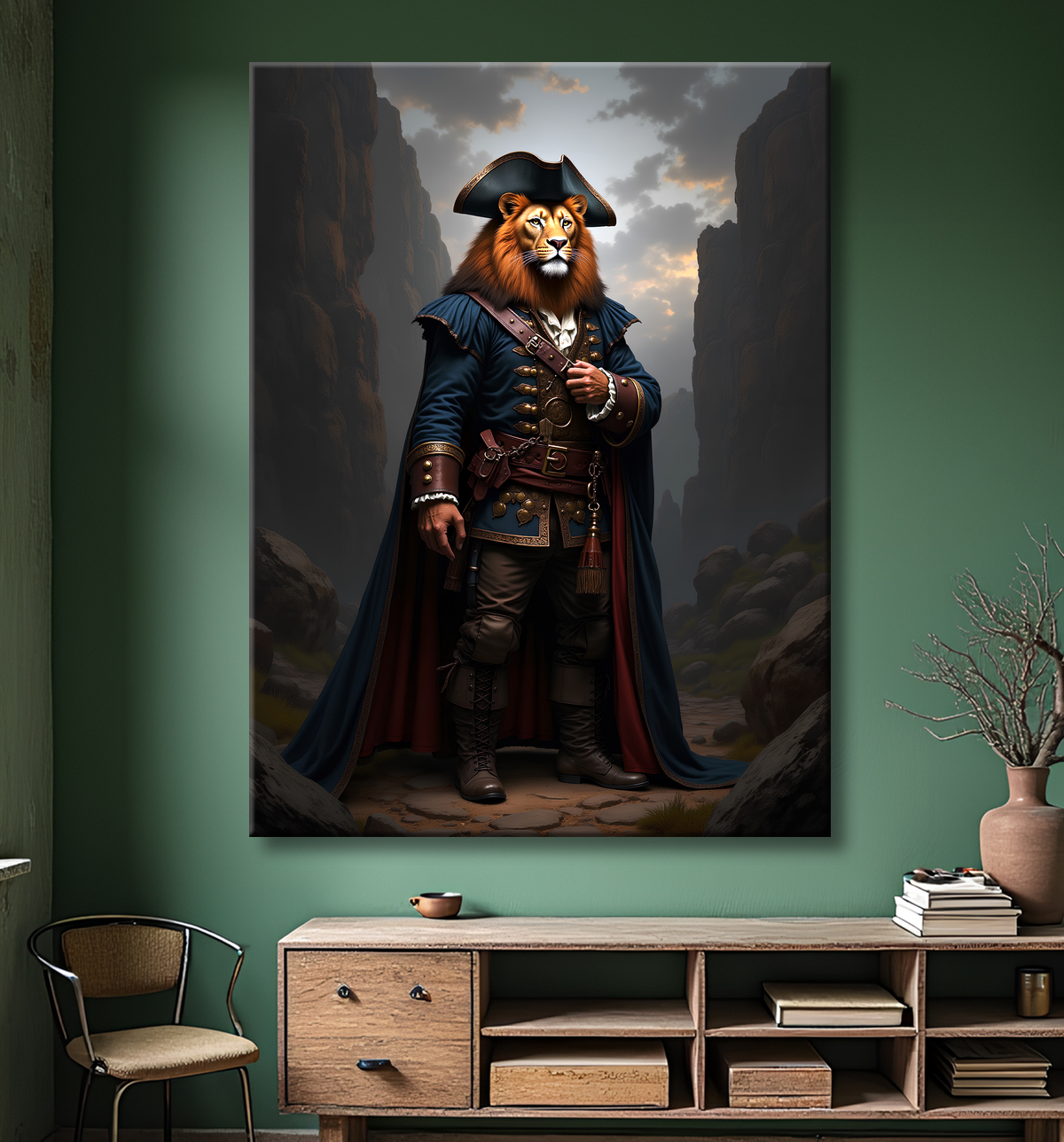 Tableau lion pirate - Portrait d'animal en costume marin stylisé avec decor