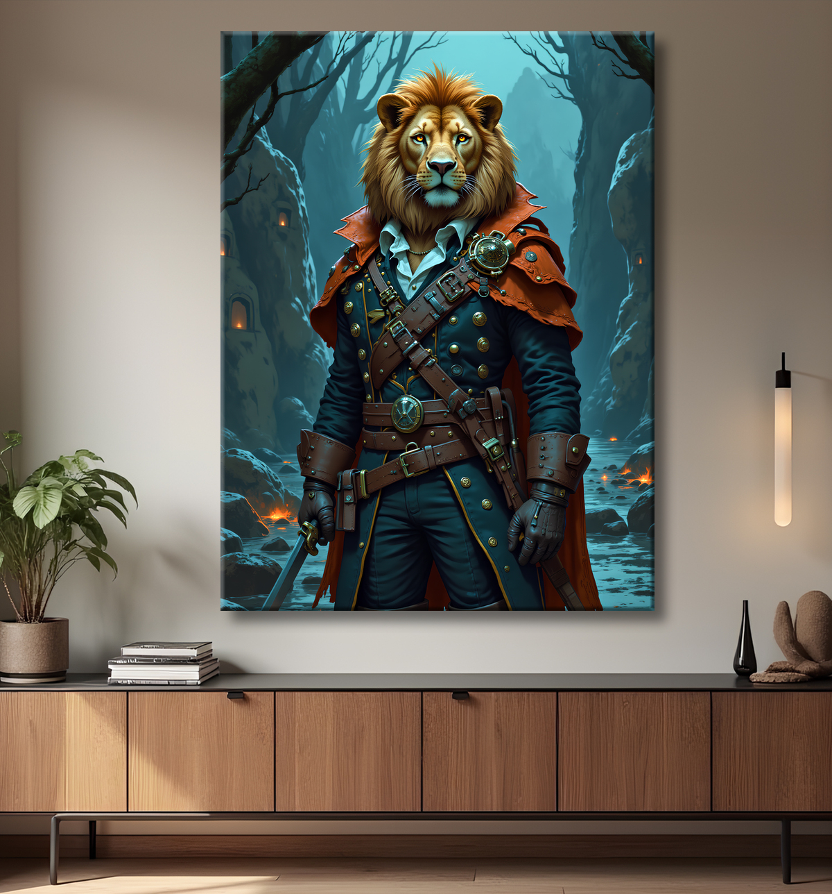 Tableau lion pirate - Portrait d'animal en costume marin stylisé avec decor